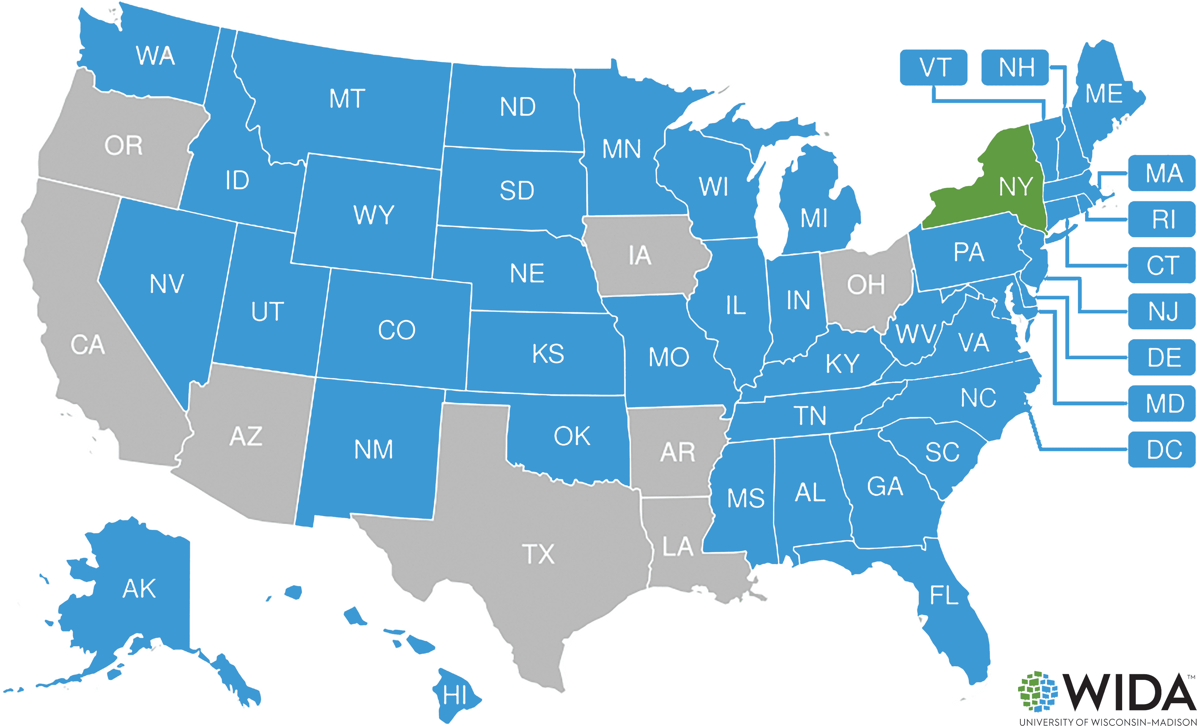 Map of the United States showing WIDA Consortium member states highlighted in blue. 42 states and territories are members as of 2026.