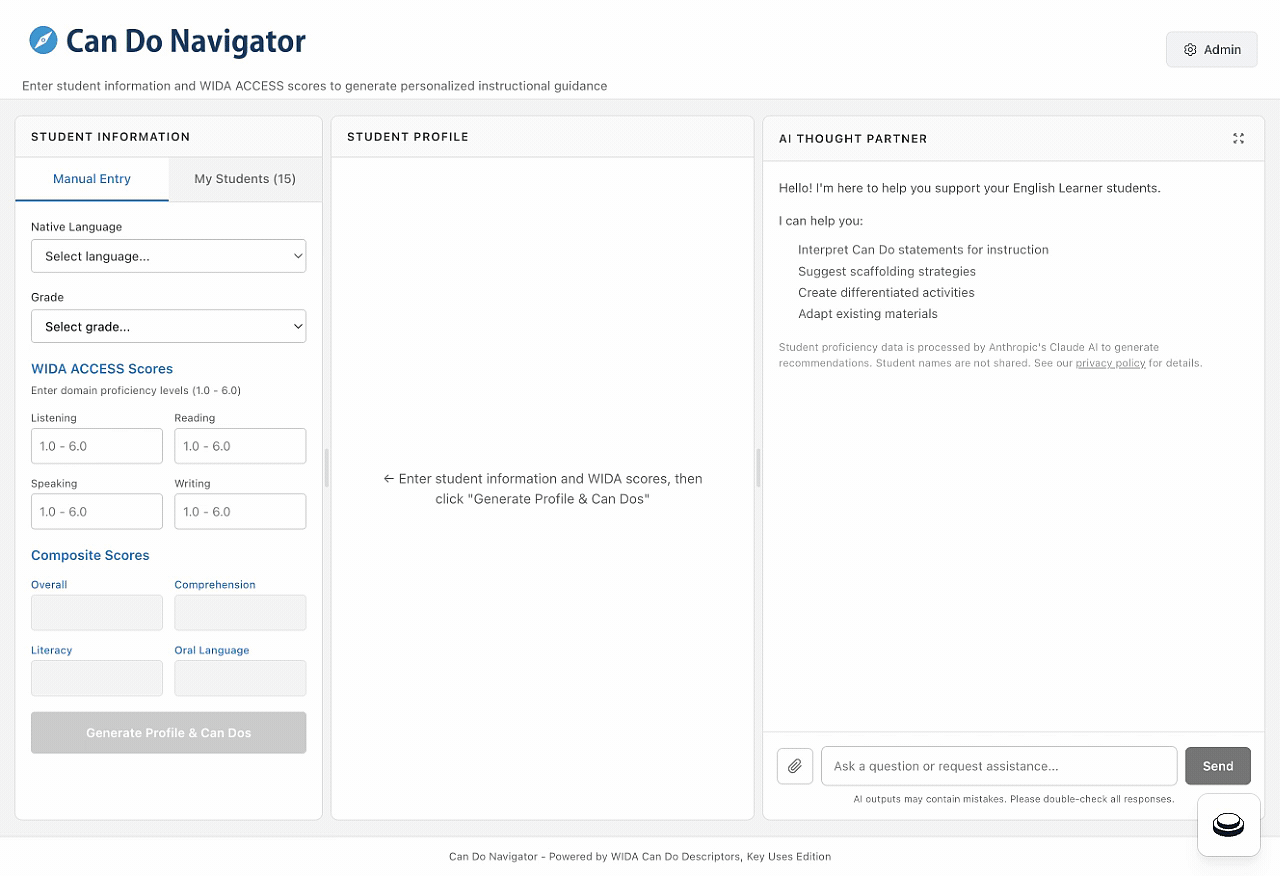 Can Do Navigator demo showing student information entry, WIDA score profiling, and AI Thought Partner generating instructional strategies